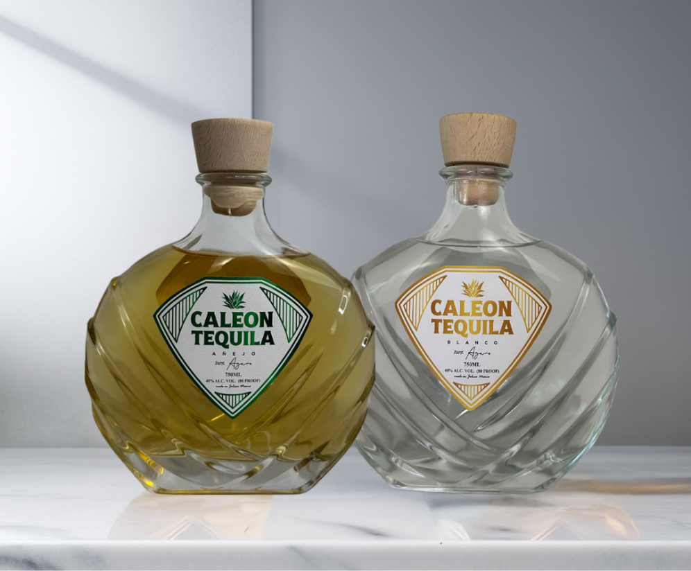 Caleon Tequila Blanco & Añejo Bundle featuring two uniquely shaped glass bottles with wooden caps