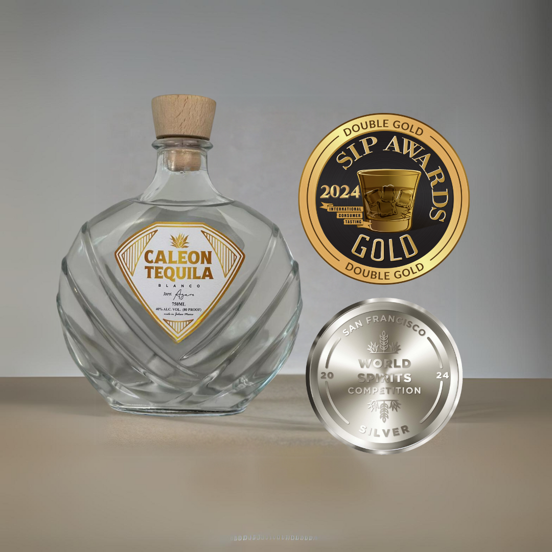 Caleon Tequila Blanco bottle with 100% Blue Weber Agave Blanco and gold and silver award medals
