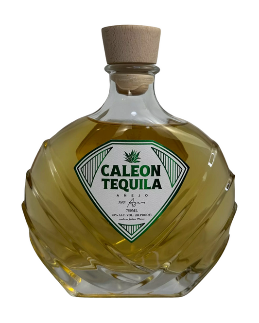Caleon Tequila Añejo in a unique diamond-shaped bottle with a wooden stopper