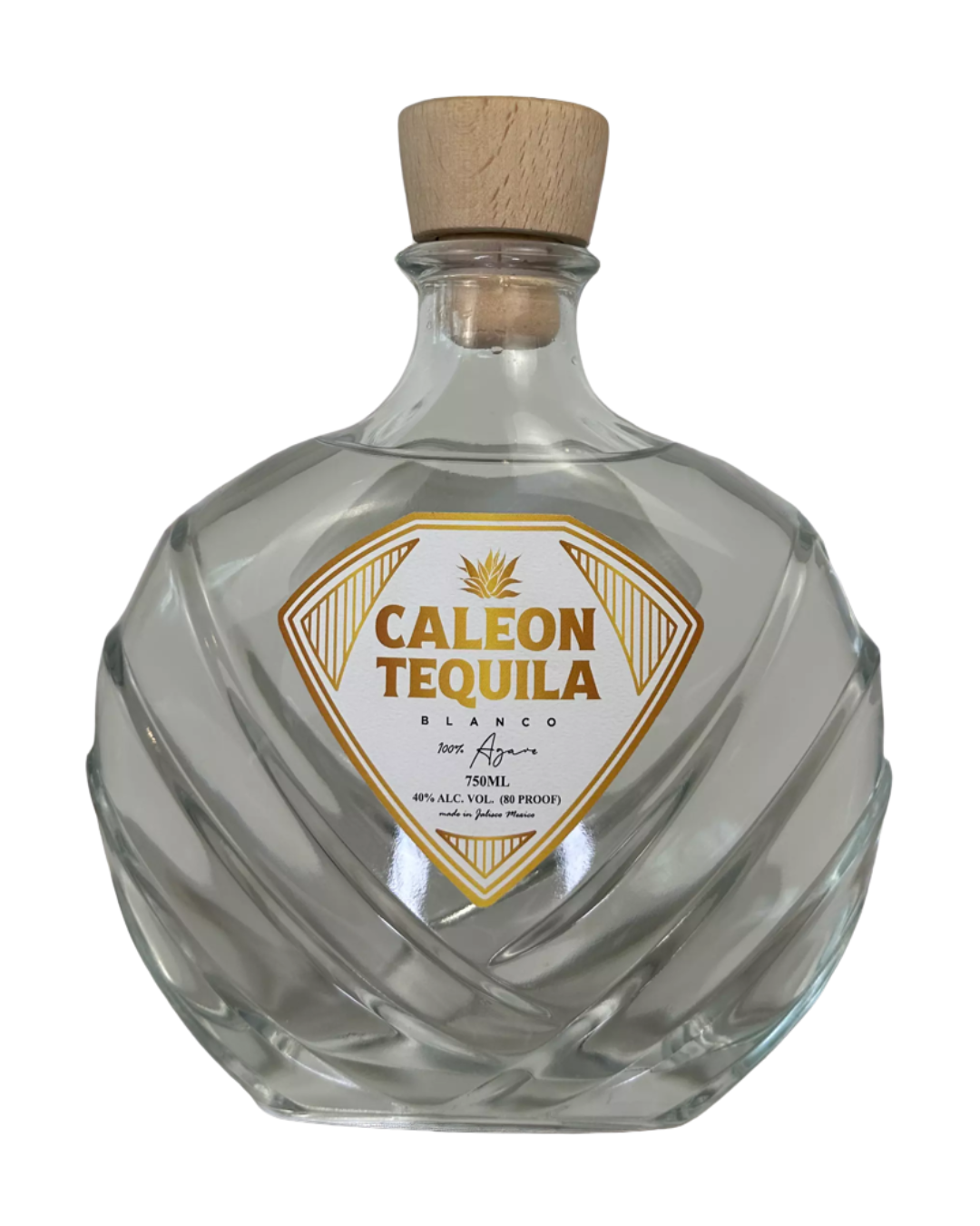 Caleon Tequila Blanco bottle with distinctive diamond pattern and natural cork stopper