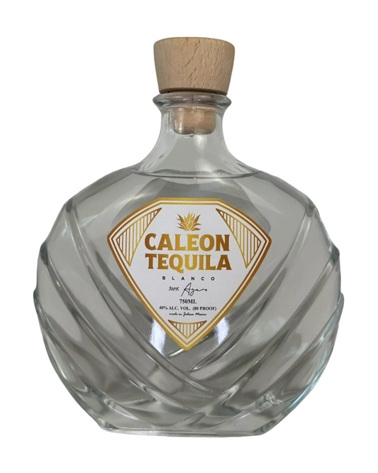 Caleon Tequila Blanco bottle with distinctive diamond pattern and natural cork stopper
