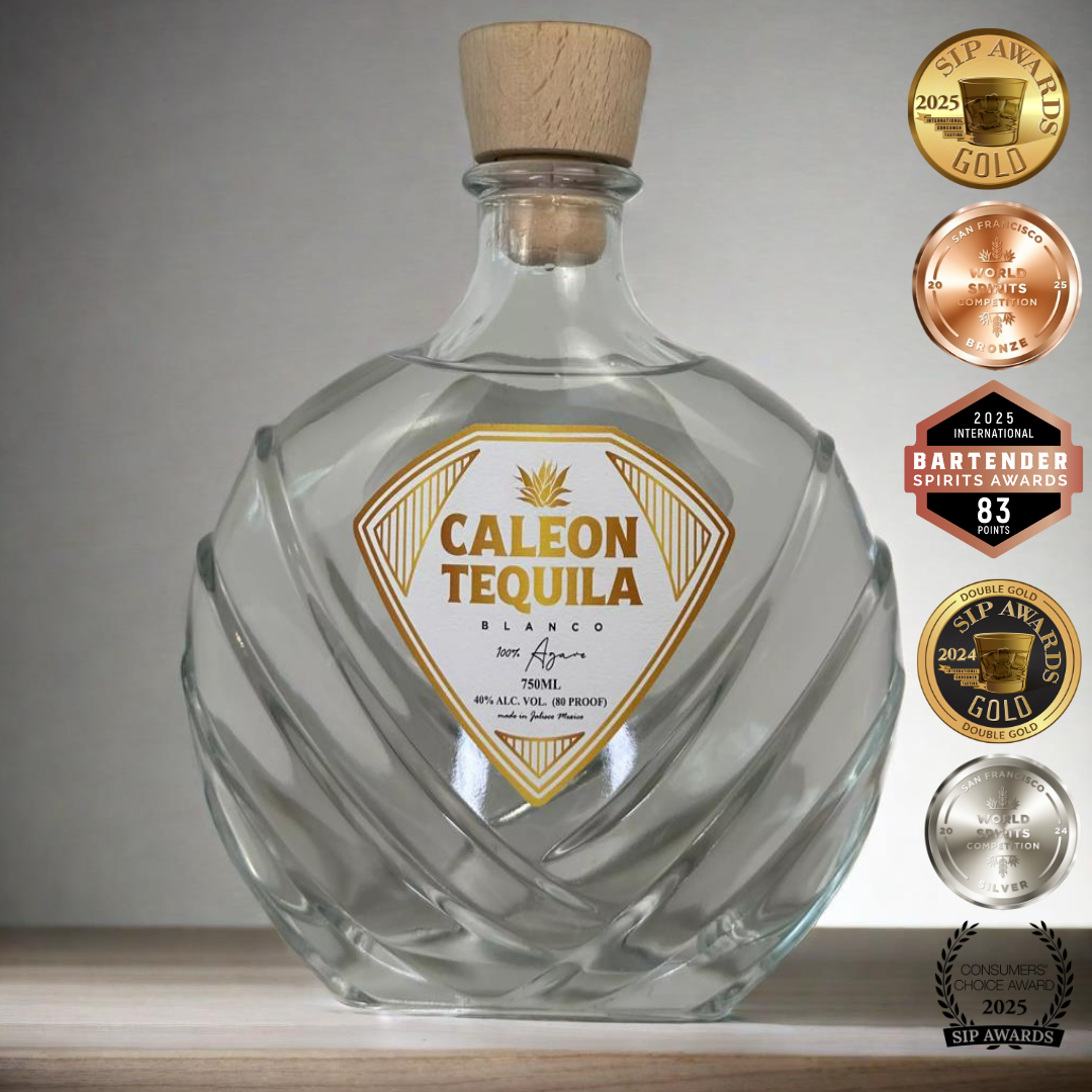 Caleon Tequila Blanco bottle with elegant design and award medals showcasing premium quality