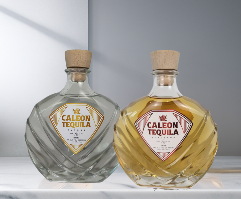 Caleon Tequila Blanco & Reposado Bundle with clear and golden tequila bottles featuring wooden stoppers