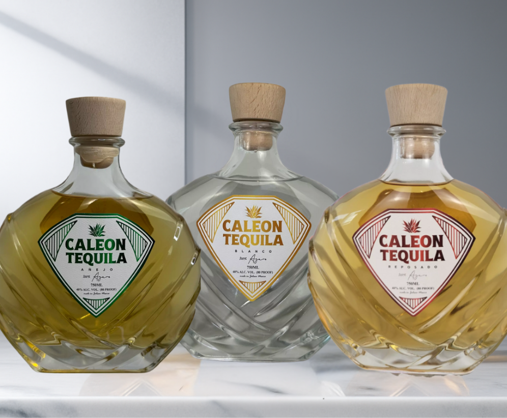 Caleon Tequila Multi-Award-Winning Collection featuring three uniquely shaped bottles with wooden caps on a white surface