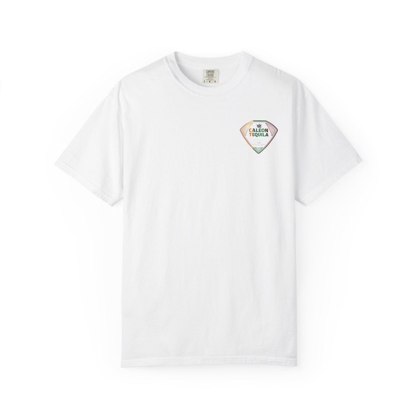 Caleon Tequila White T-Shirt featuring a colorful logo, perfect for tequila brand apparel enthusiasts