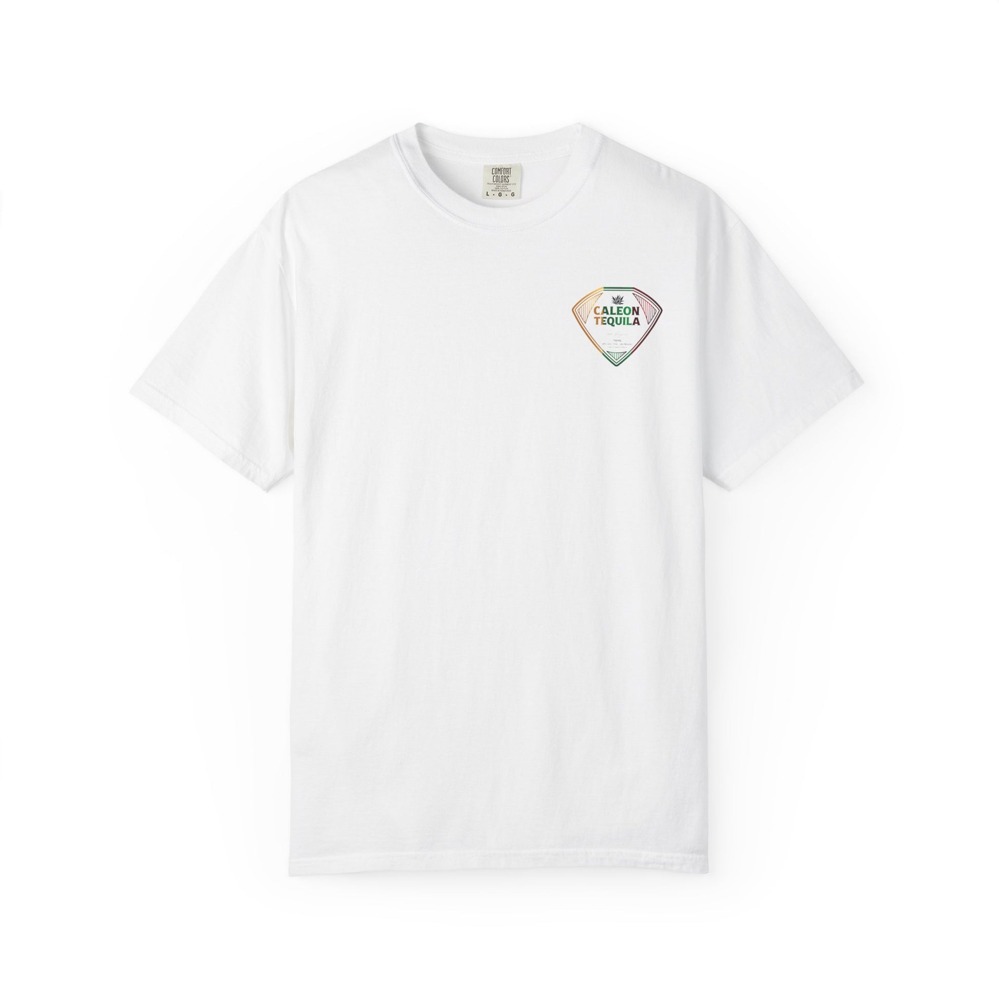 Caleon Tequila White T-Shirt featuring a colorful logo, perfect for tequila brand apparel enthusiasts