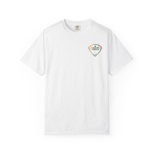 Caleon Tequila White T-Shirt featuring a colorful logo, perfect for tequila brand apparel enthusiasts