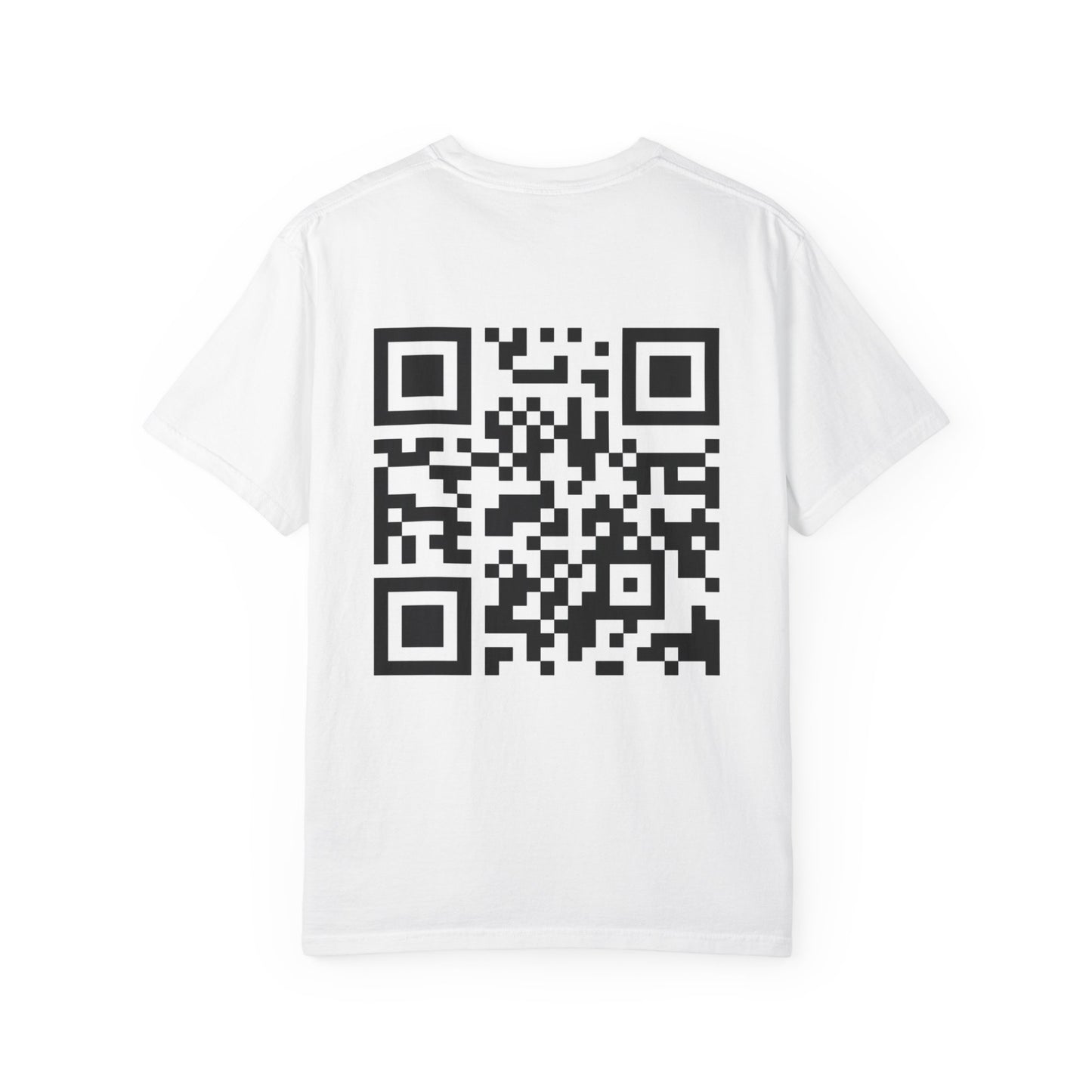 White tequila logo t-shirt featuring a large black QR code on the back
