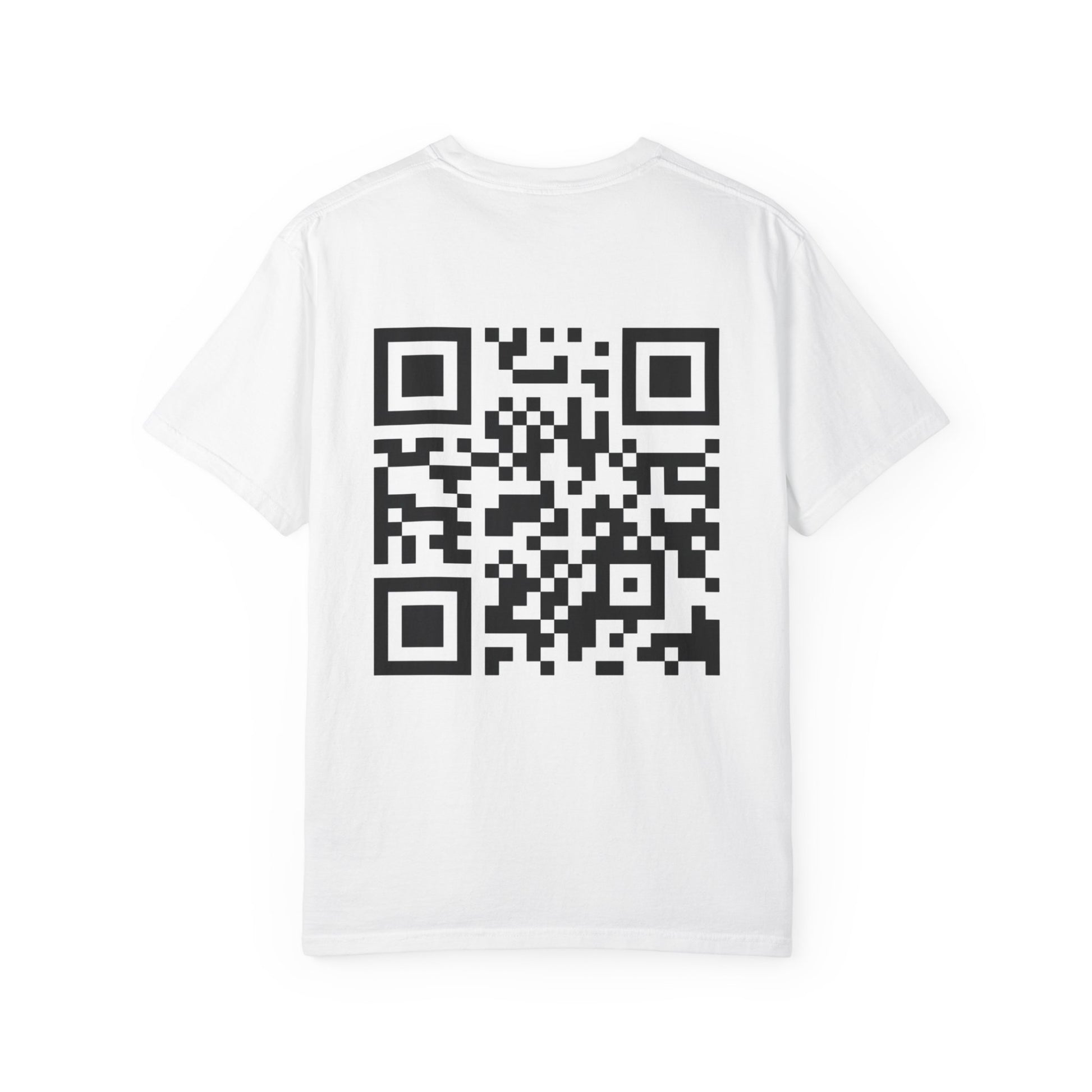 White tequila logo t-shirt featuring a large black QR code on the back