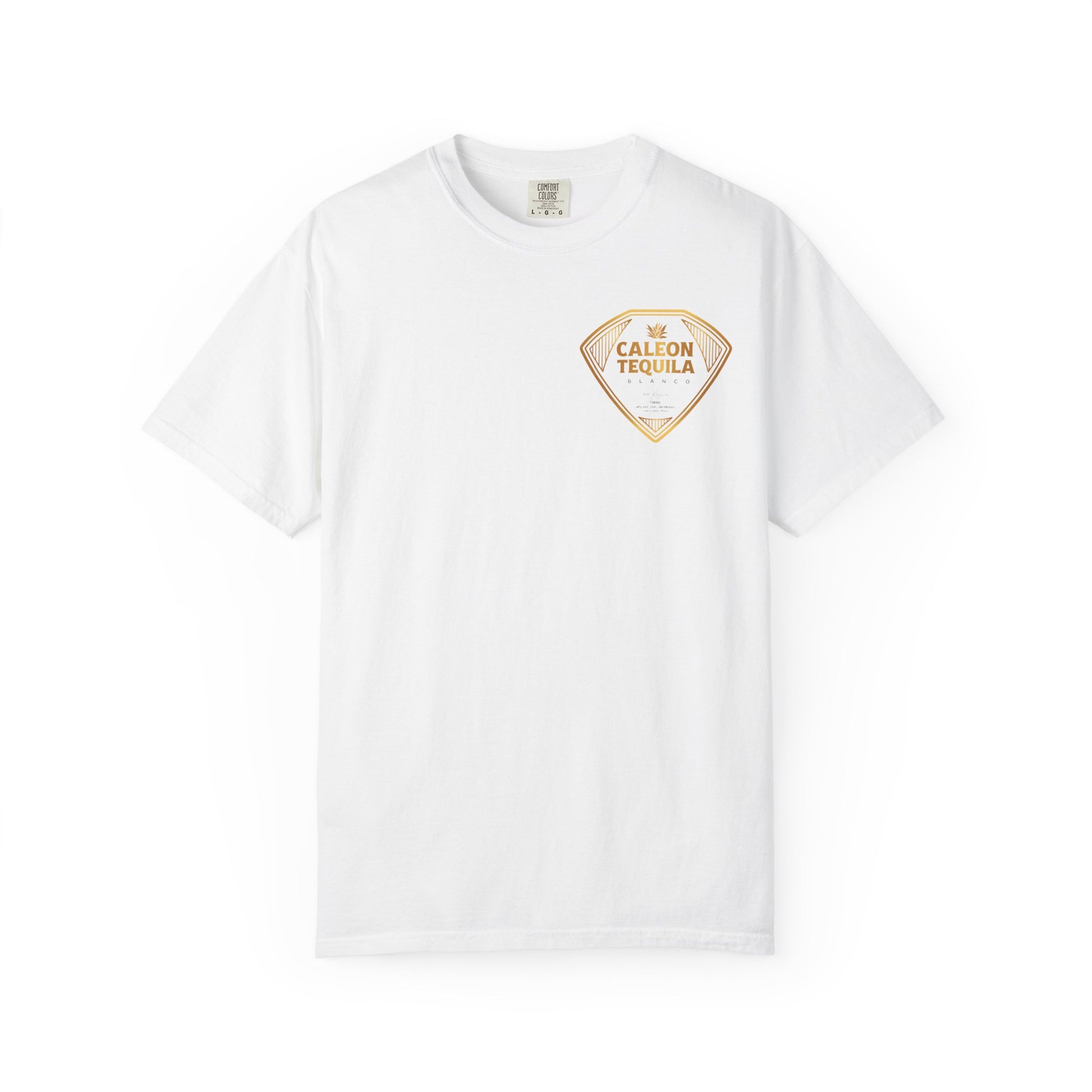 Caleon Tequila logo t-shirt in white featuring a stylish gold design on the front
