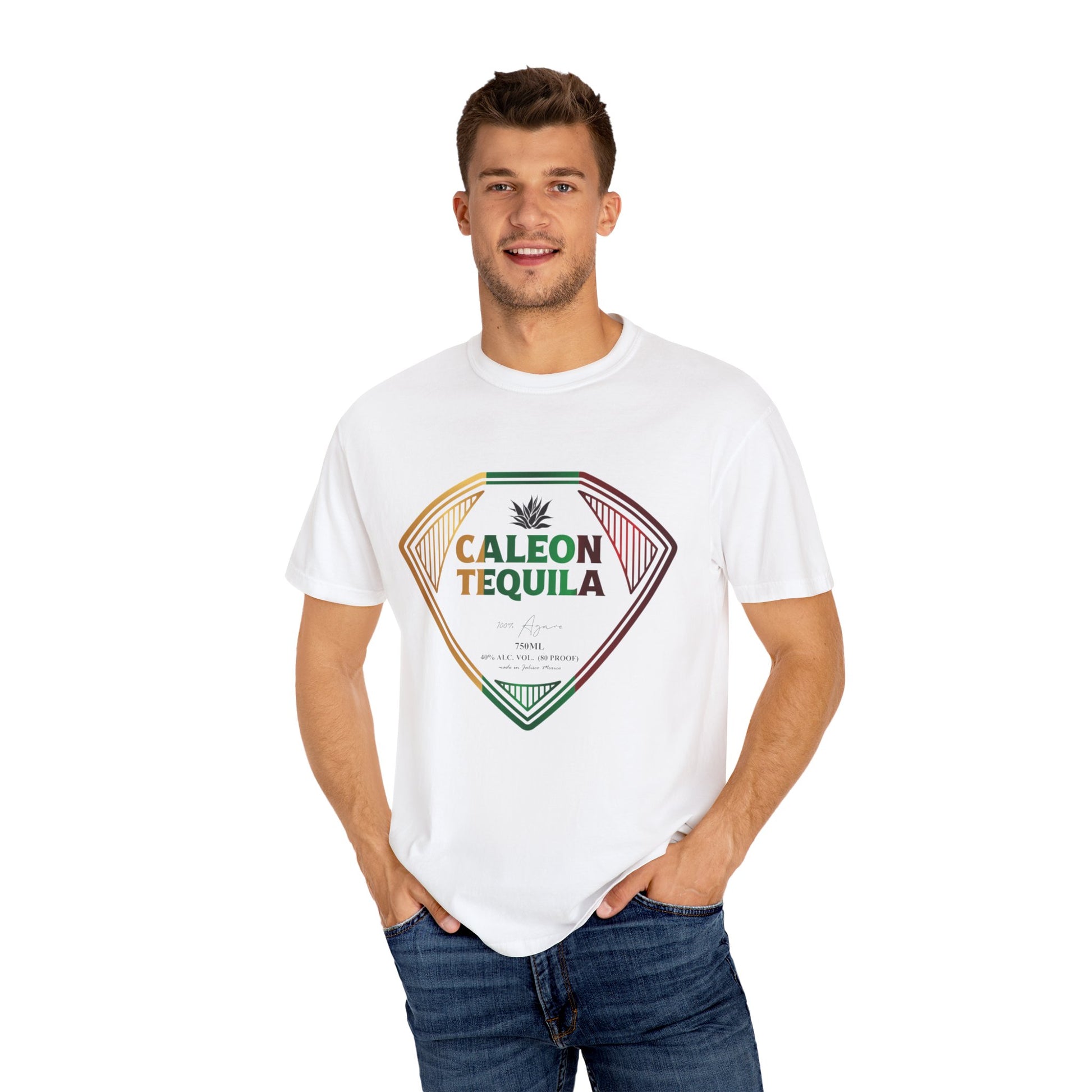 Caleon Tequila themed unisex t-shirt featuring a vibrant graphic design on a white background