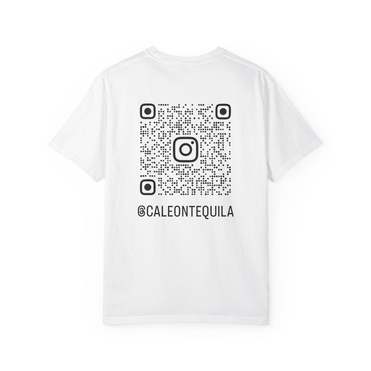 White tequila themed unisex t-shirt featuring a large QR code and stylish text on the back.