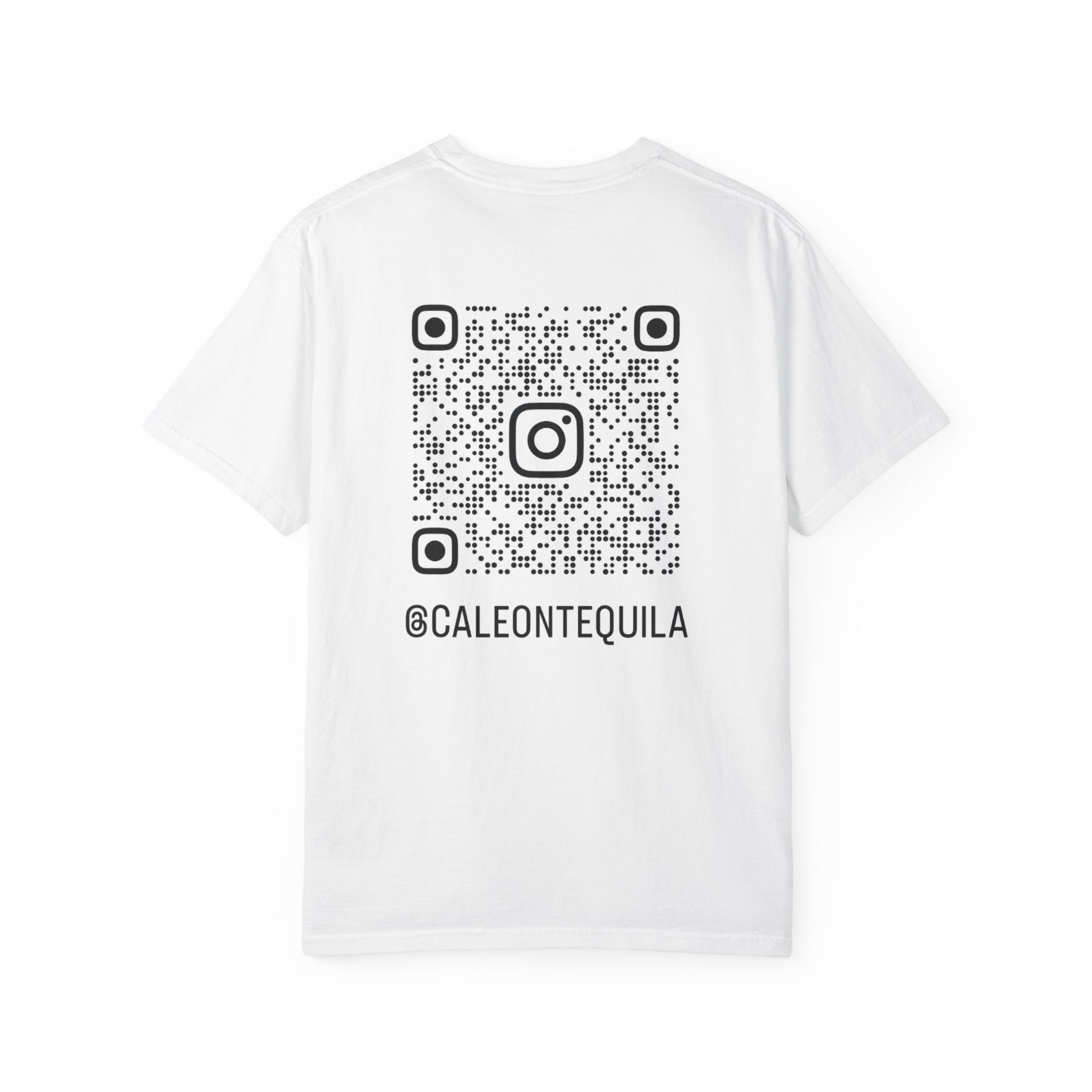 White tequila themed unisex t-shirt featuring a large QR code and stylish text on the back.