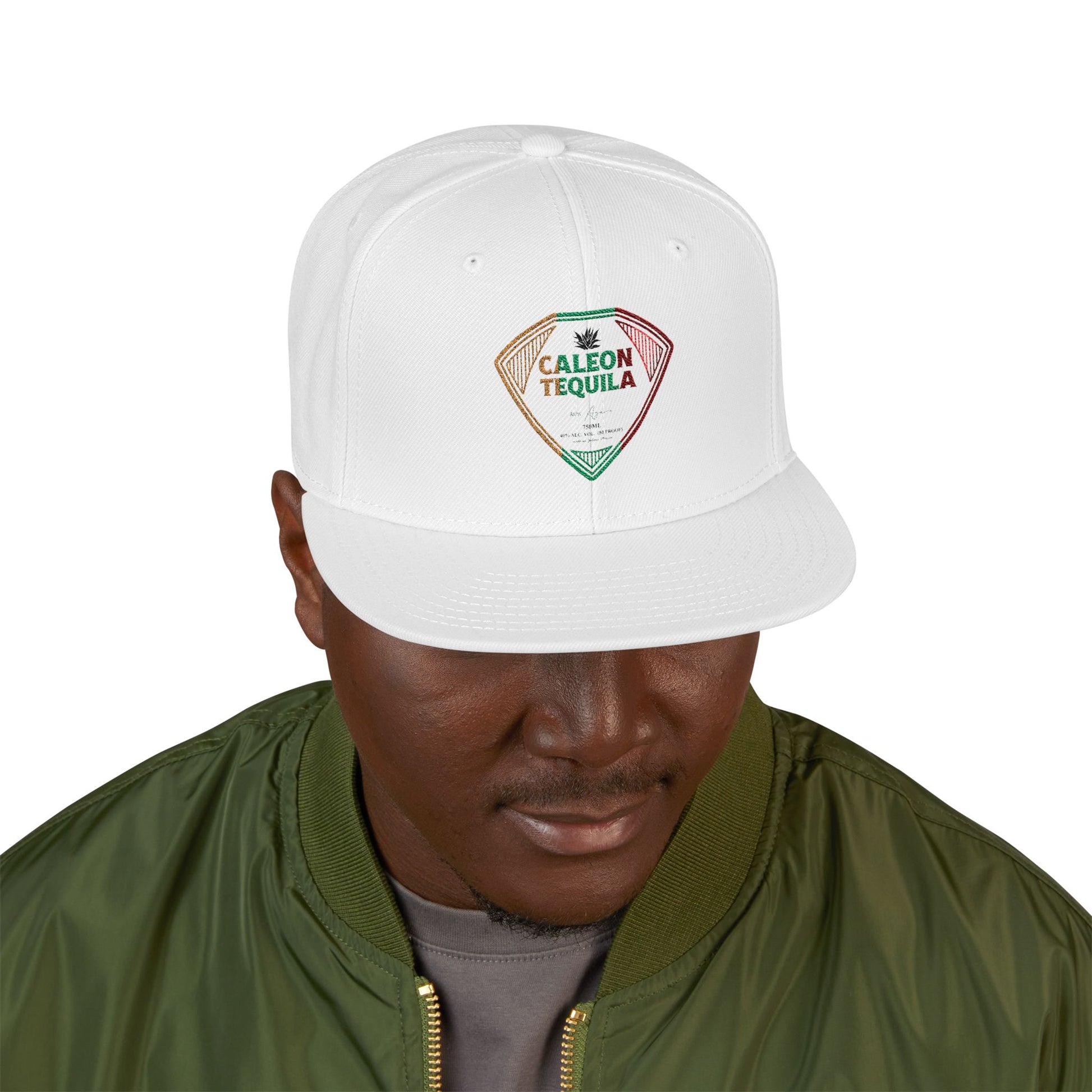 White snapback cap for tequila fans featuring Caleon Tequila logo on the front
